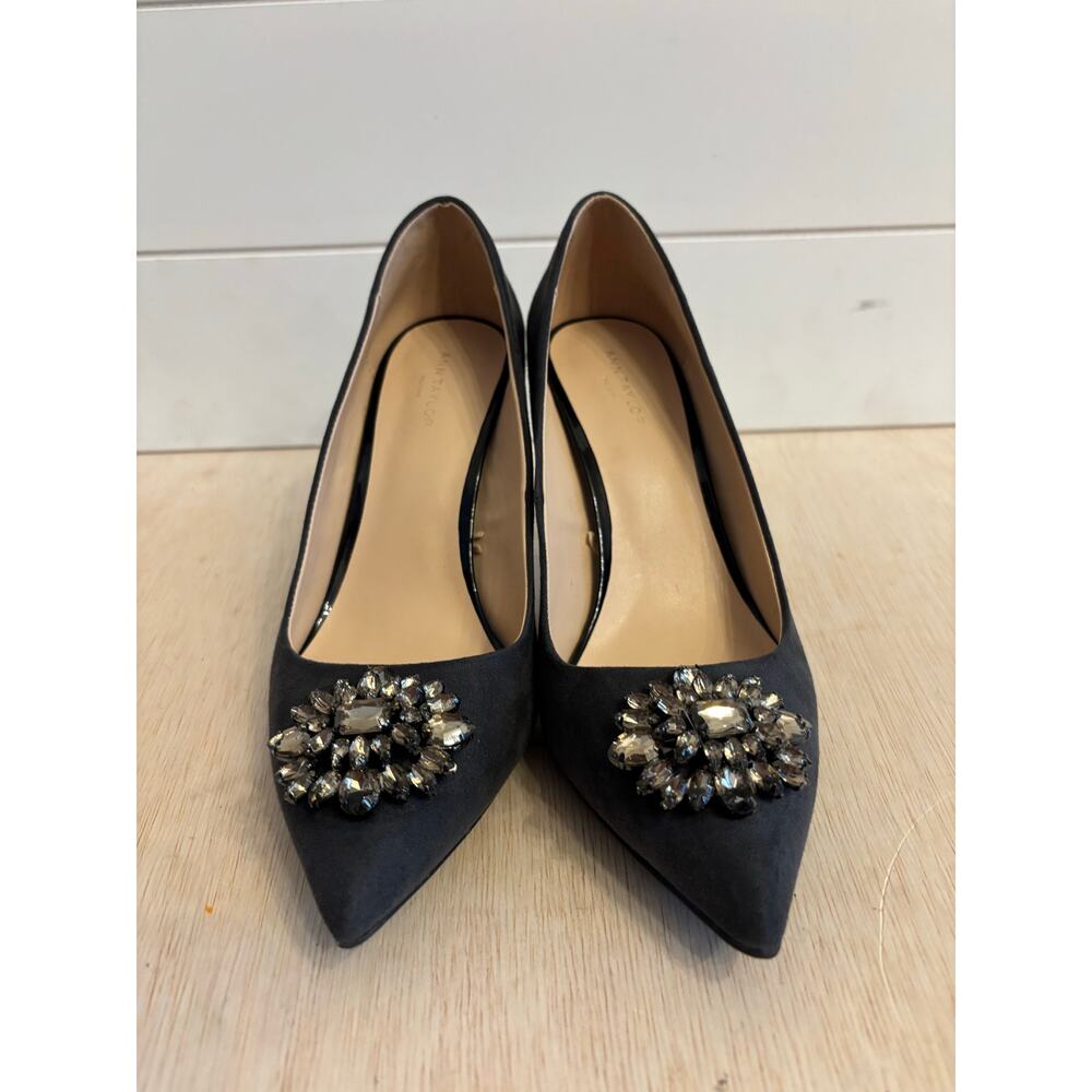 Ann Taylor Factory Gray Embellished Heels Shoes Pointy Textile Upper Size 8 3” - Picture 2 of 6